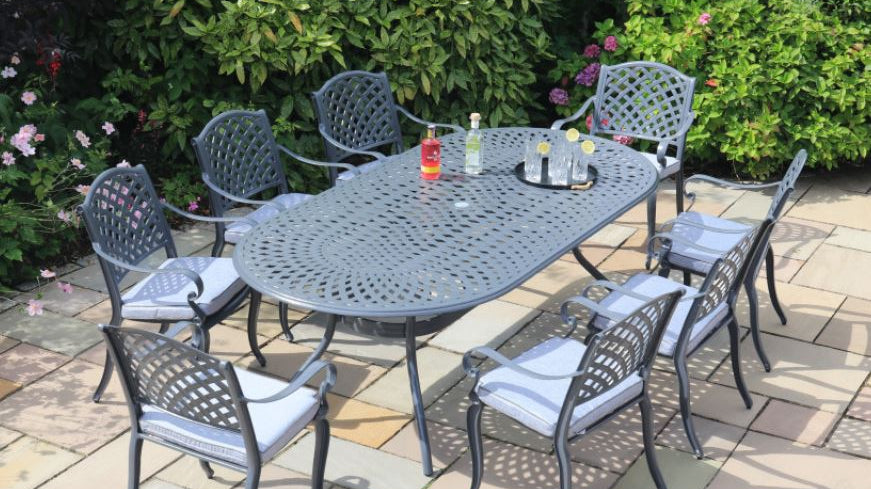 Transform Your Dining Experience with the Fitzhenry 8-Seat Set with Oval Table in Hammered Grey - Rathwood Store