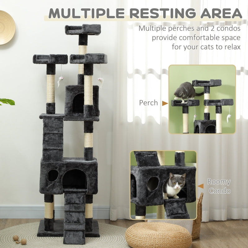 Cat tree with multiple perches and condos for cats to relax, on a neutral background.