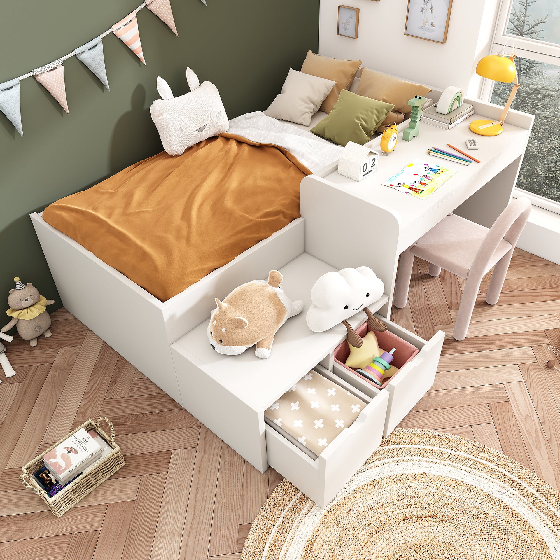 Kids Single Bed with Desk and Drawers, 90 x 190 cm, White Wooden