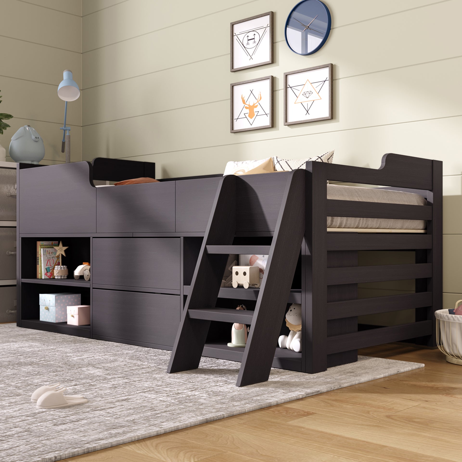 Cabin Bed Mid Sleeper with Drawers Shelf Storage, 3ft Single
