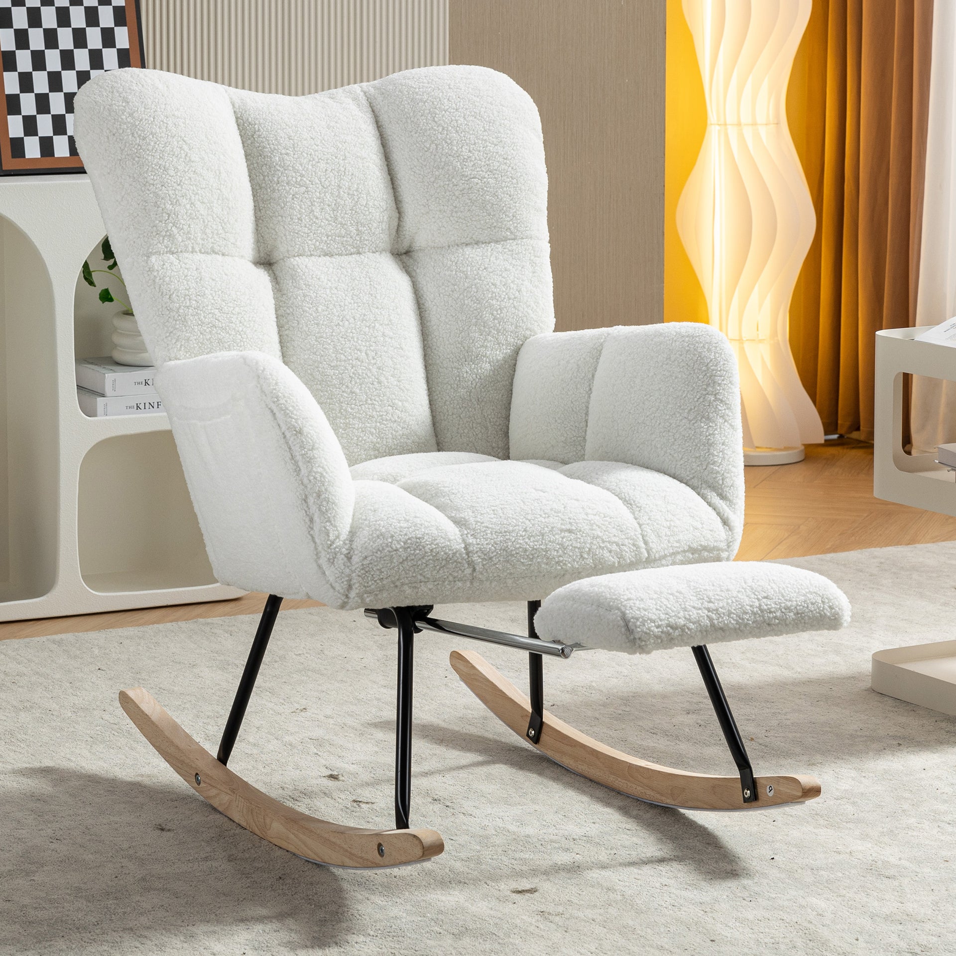 New Modern Teddy Fabric Tufted Upholstered Rocking Chair with Pull