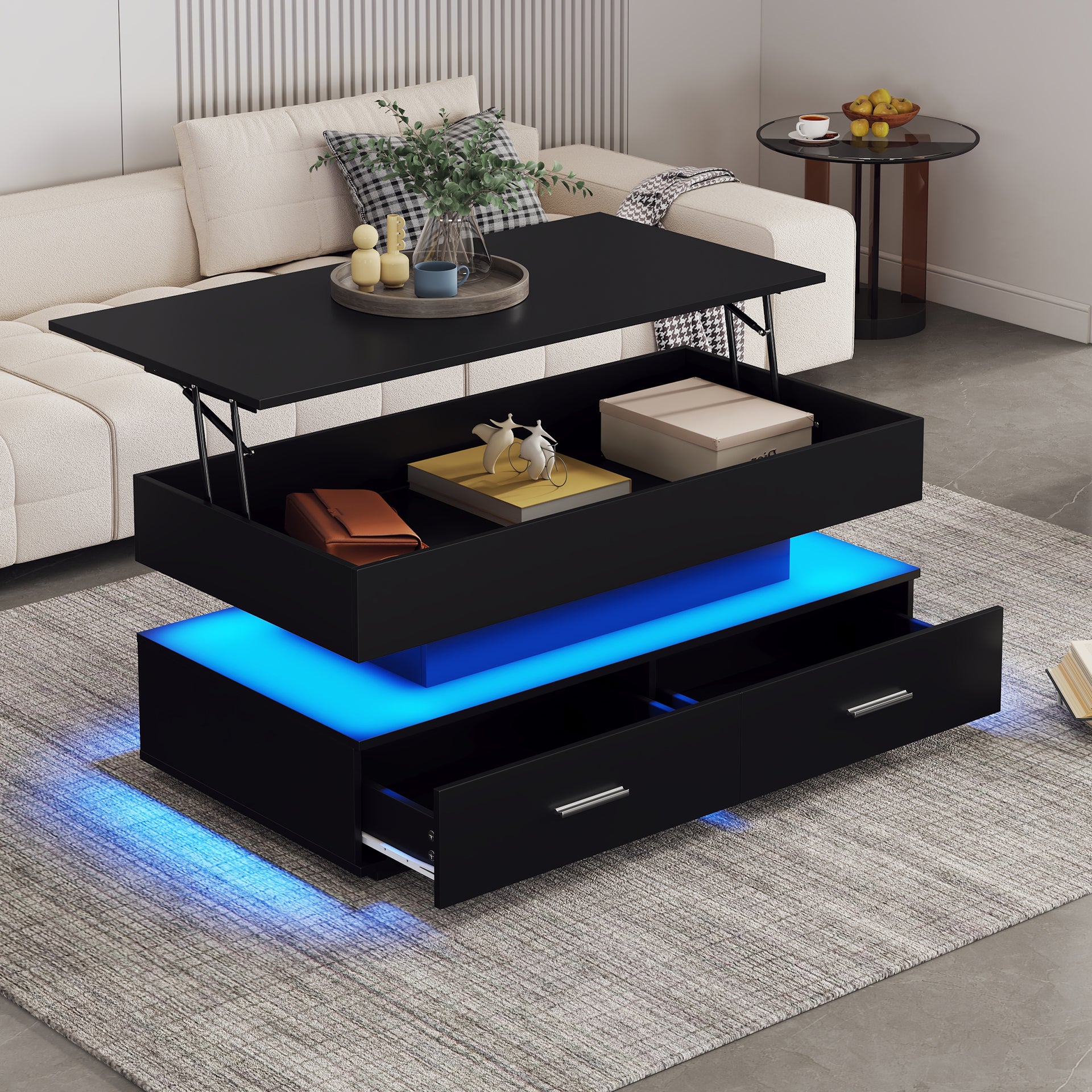 Hydraulic Lift Top Coffee Table, LED with Storage Drawers - Main Image