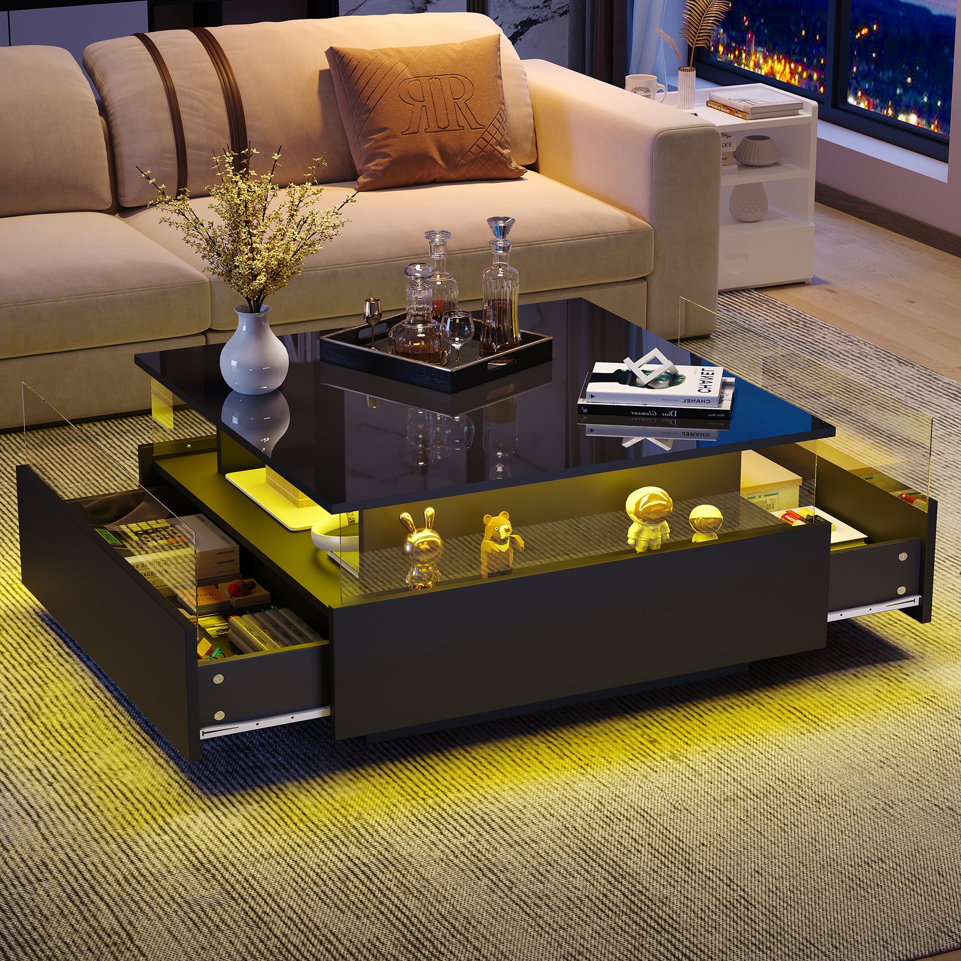 Coffee Table with Storage, Modern LED Coffee Table with Sliding