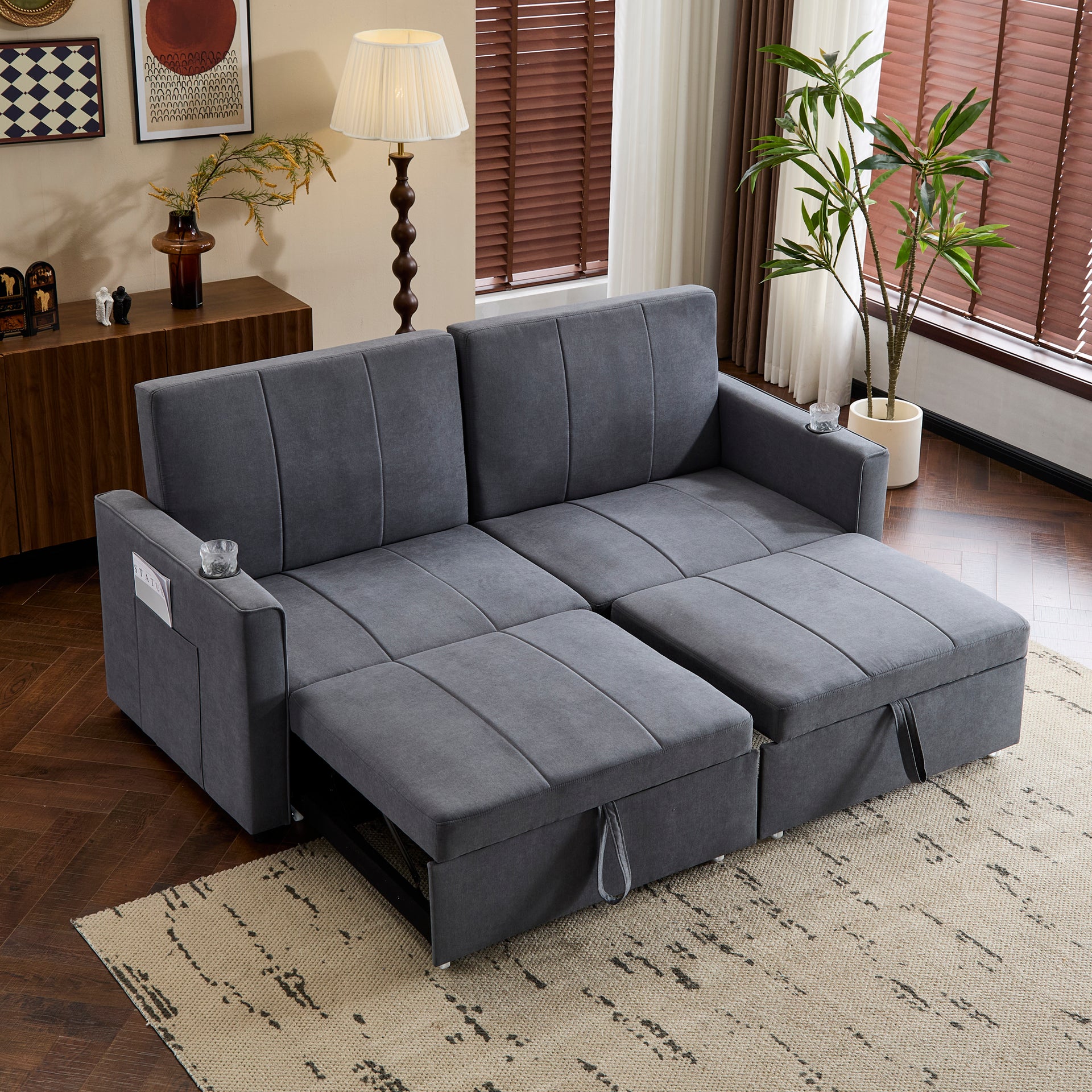 Pull Out Sofa Bed 207cm King Size, Convertible, with Cup Holders