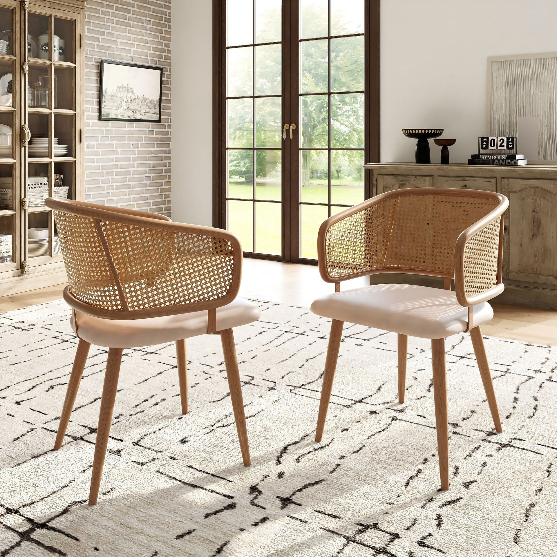 Modern Dining Chairs (2 pcs) with Rattan Backrest PU Leather