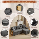 Multifunctional sofa bed with various features highlighted