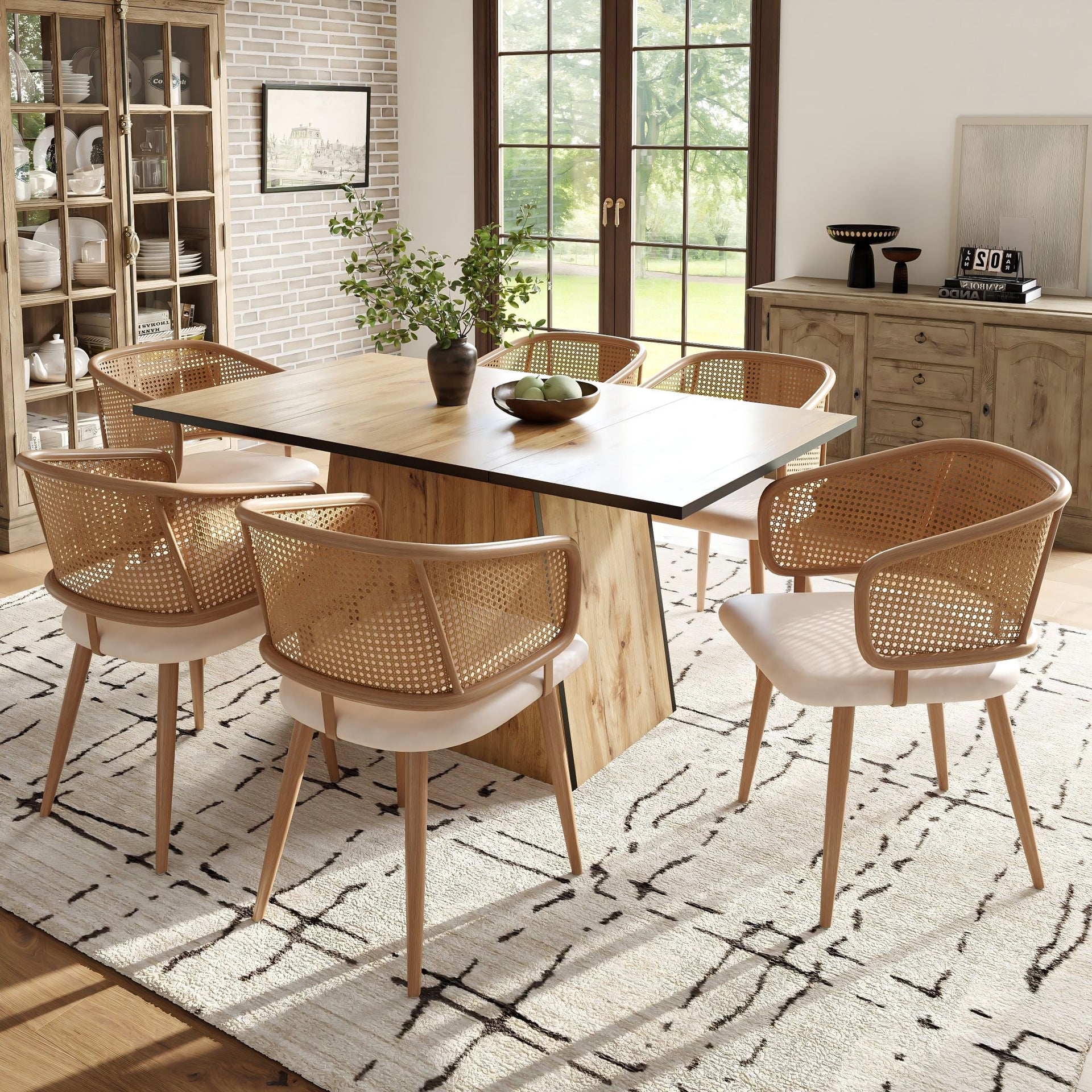 Modern Dining Chairs (Set of 6) with Rattan Backrest, PU Leather