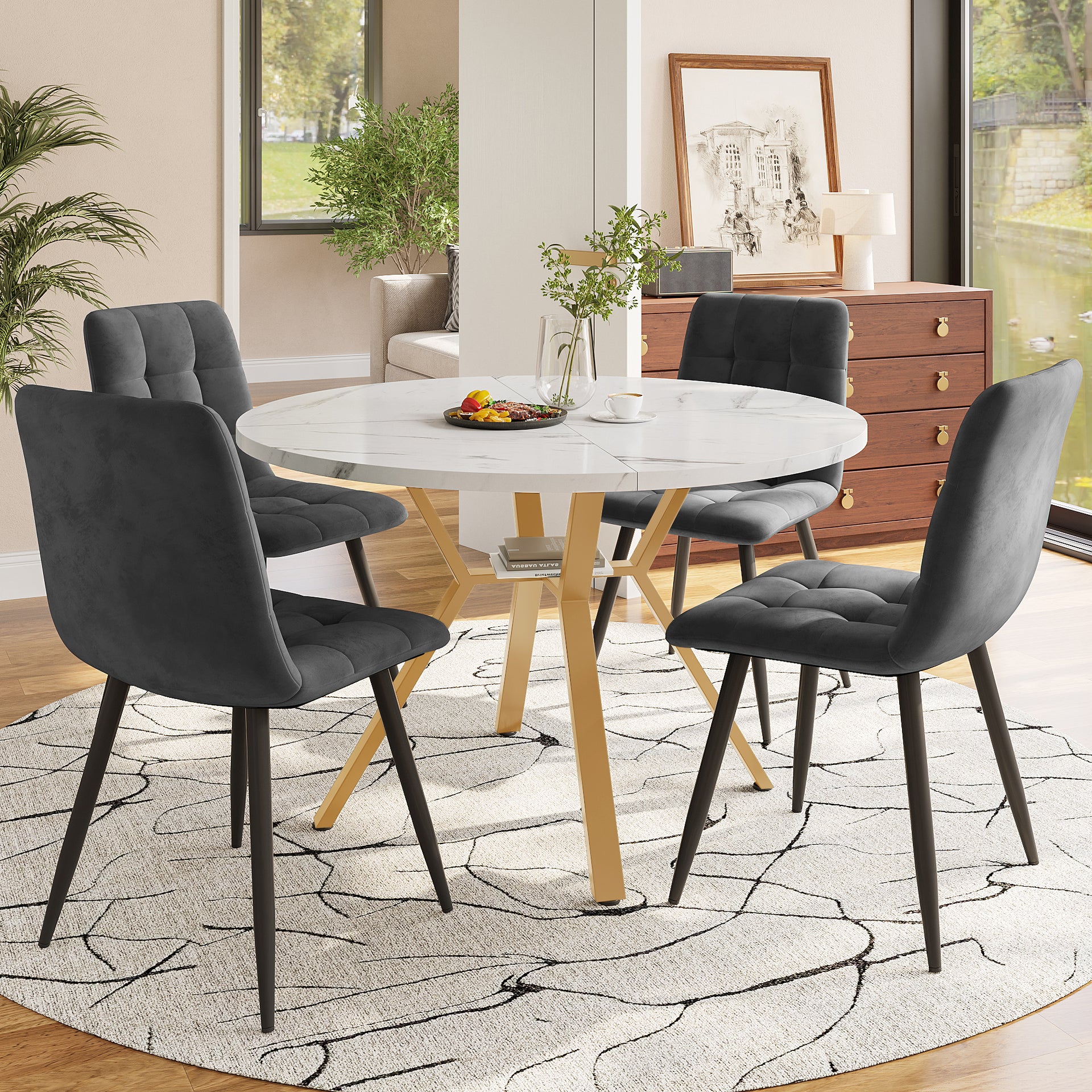 Dining Table Set (5-Piece) Modern Simple Round Marble with Gold